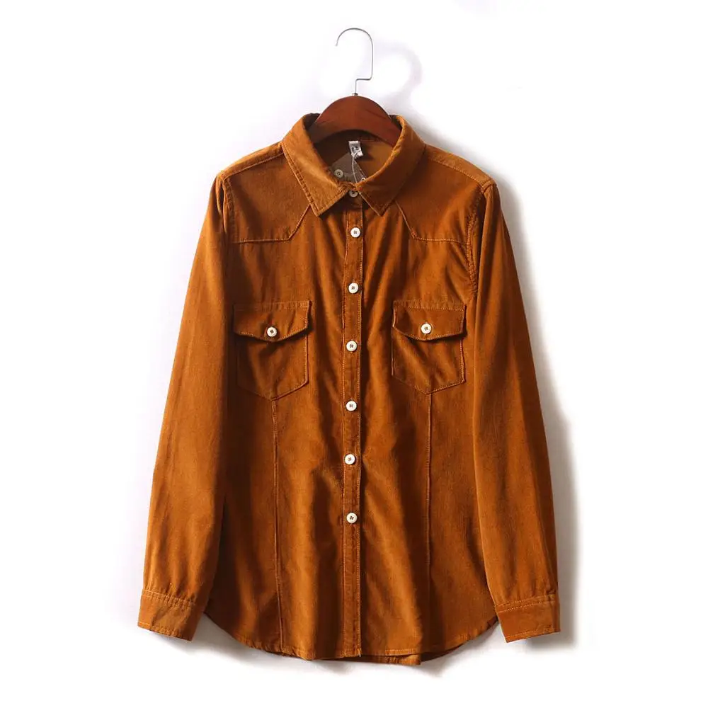

2019 spring new street fashion corduroy stretch shirt women, solid color wild thin long-sleeved shirt ladies