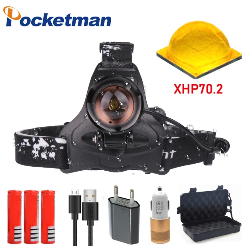 

Ultra Bright LED headlamp XHP70 Rechargeable Headlight high power fishing head lamp torch zoom Head light for Camping 2806