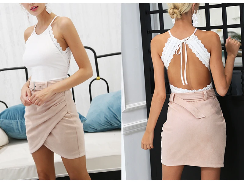 High Waist Belt Suede Irregular Bodycon Mini Skirt