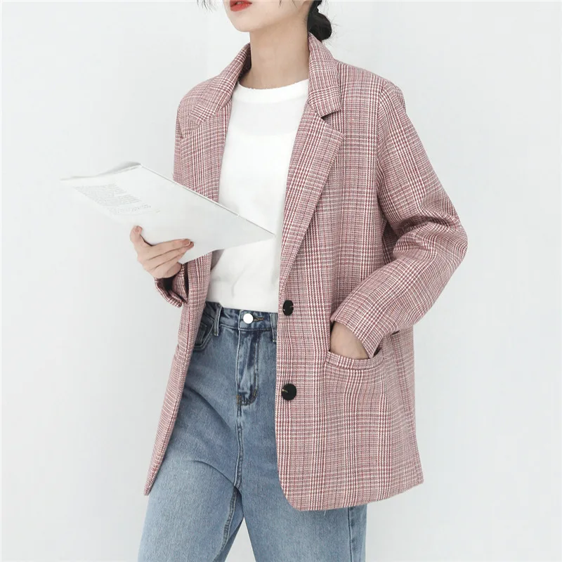 2019 New Spring Autumn French style British retro Chic Long Sleeve Plaid Suit Jacket Women Blazer Coats v527