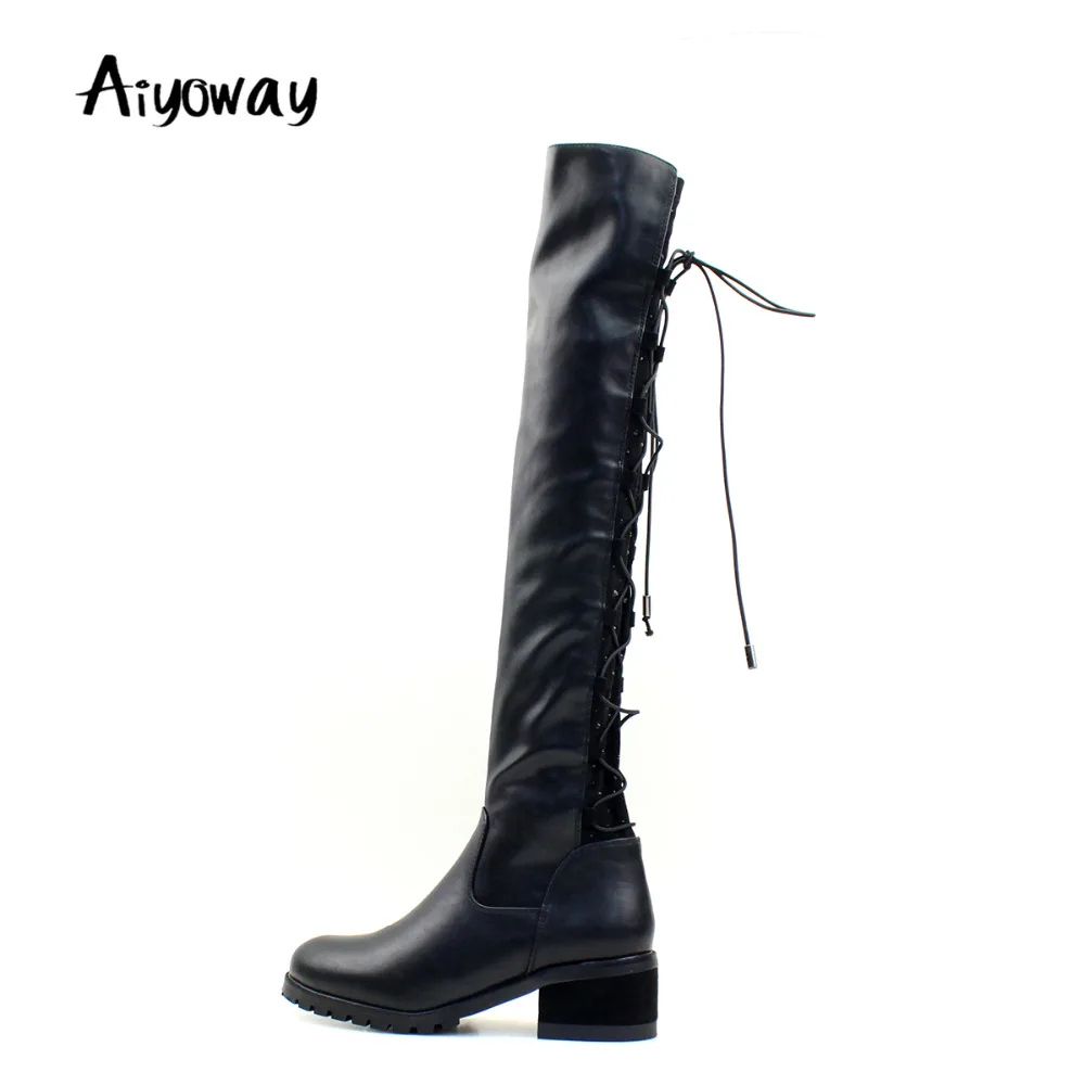 

Aiyoway Fashion Women Ladies Round Toe Low Heel Lace UP Over Kne Boots Warm Winter Party Dress Shoes Black Russia Size 36~40