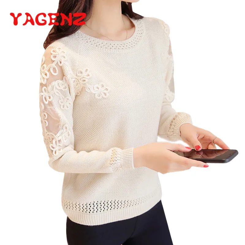 YAGENZ Lace Patchwork Knit Sweater Spring Autumn Women Long Sleeve Pullover Knitted Basic Sweaters Tops Femme | Женская одежда