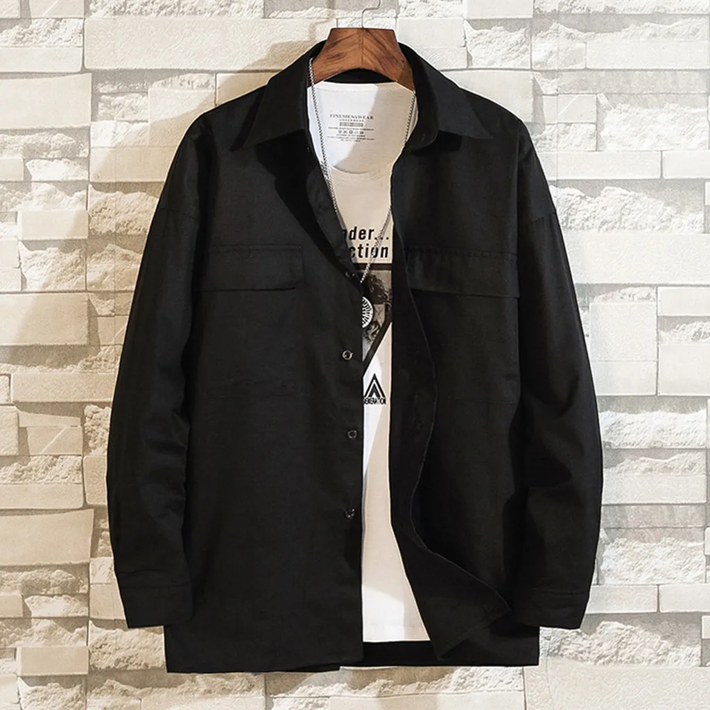 

KLV 2019 men shirt streetwear shirt Casual Fashion Pure Color Loose Pocket Lapel Long Sleeve Shirt Top Blouse free shipping D4