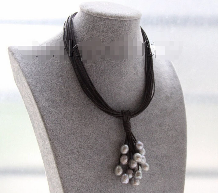 

shipping 16" 15row 14mm gray pearls wine red leather necklace magnet clasp e2311