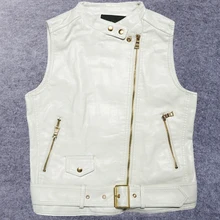 Soft Pu Fashion Short Sexy Female Biker Waistcoat White Leather Vest Women Motorcyle Sleeveless Jacket With Belt Black