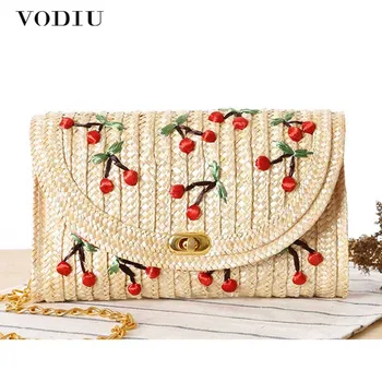 

Women Shoulder Bag Cherry & Bananas Straw Messenager Bag Summer Beach Bag Woven Women Clutch Small Flap For Girls Chain Causal