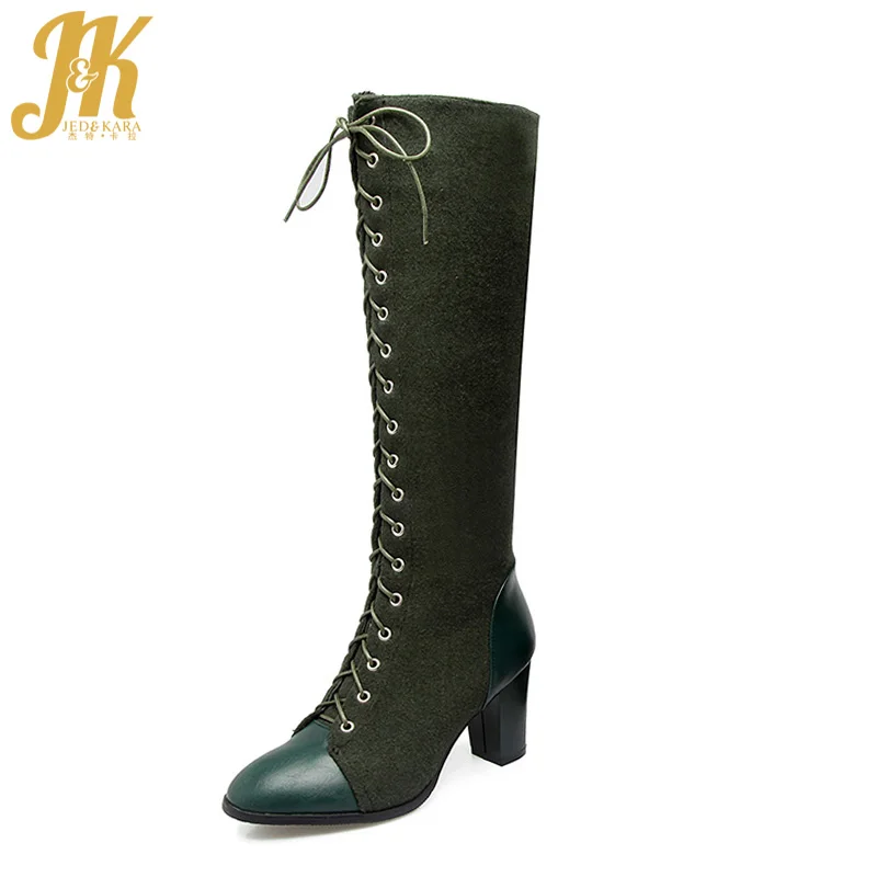 

J&K Big Size 33-48 Women's Boots Fashion Cross tied Side Zipper Knee High Boots Women's Shoes Winter Boots Thick High Heels 2018