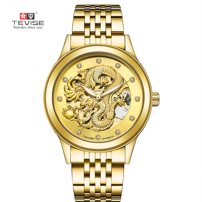 

TEVISE Golden Dragon Waterproof Automatic Mechanical Wristwatches Stainless Steel Men's Watches