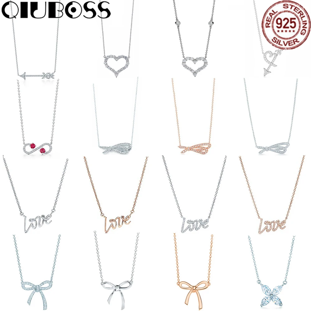 

QIUBOSS TIFF 925 Silver Charm Heart Shaped Bow Love Pendant Necklace Rose Gold Original Genuine Women Jewelry