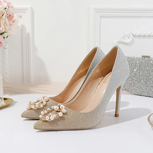 Туфли-лодочки для вечерние, блестящие женские свадебные туфли с острым носком, украшенные кристаллами, сверкающими розовыми шрамами, золотистые туфли на высоком каблуке, украшенные жемчугом и стразами - Цвет: Золотой