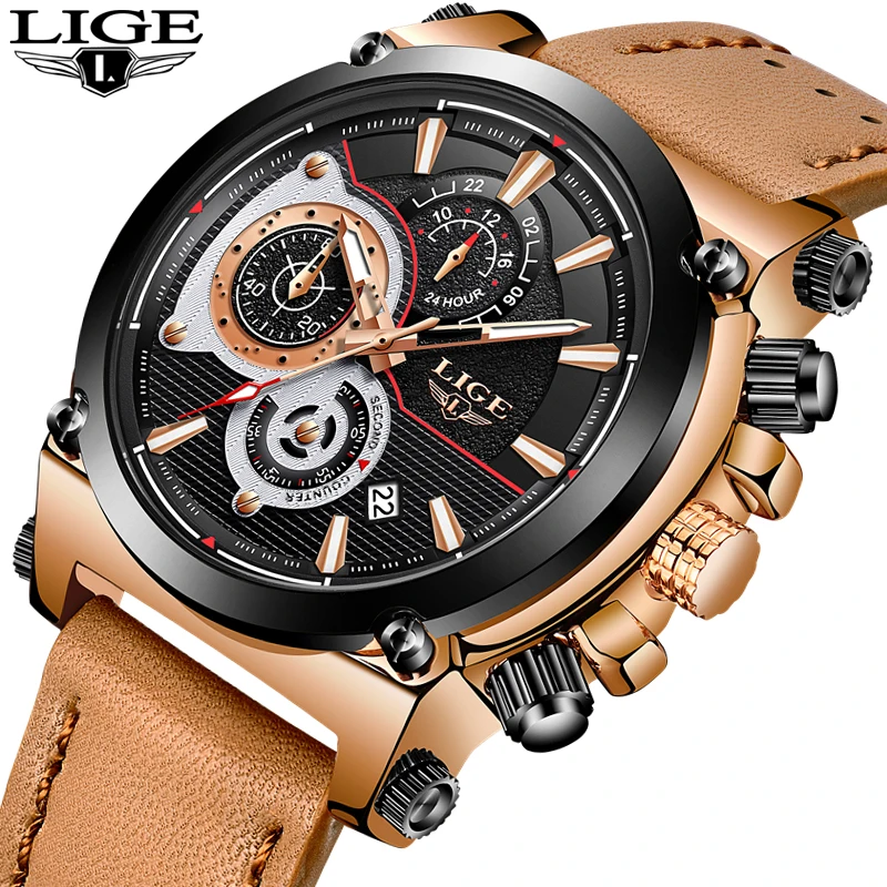 

relogio masculino LIGE Brand Men Watch Leather Strap Military Watches Chronograph Waterproof Sport Date Quartz Male Wristwatch