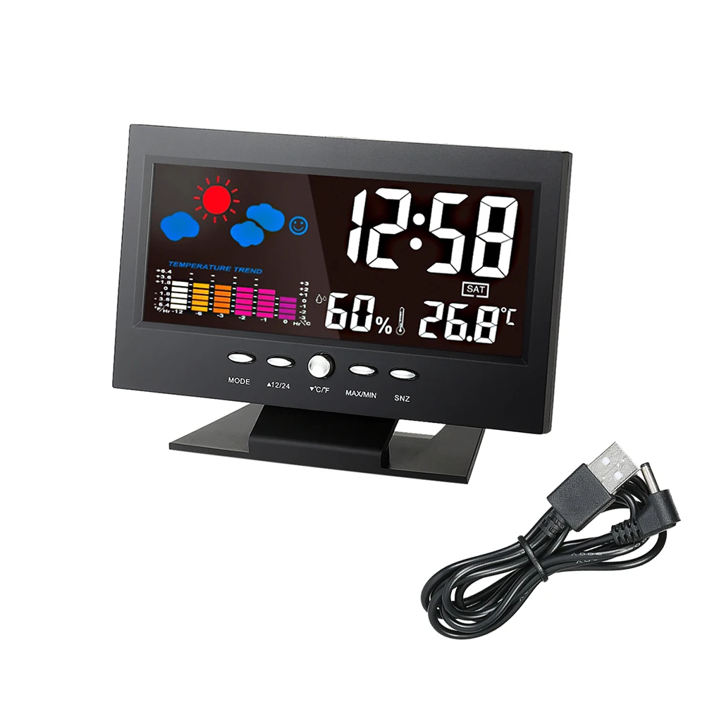 

Colored LCD Temperature Humidity Clock Thermometer Hygrometer Weather Forecast Vioce-activated Backlight with USB Cable