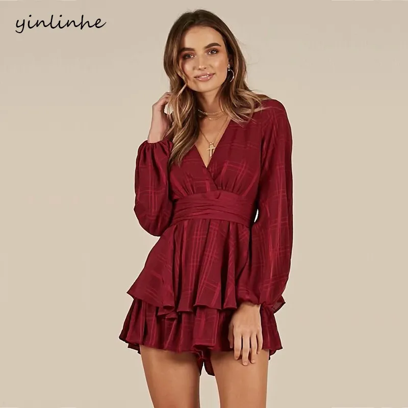 

yinlinhe Red Playsuit Summer overalls Women Plaid Sexy Short Jumpsuit Women Long Sleeve Slim Waist white Ruffles Rompers 378