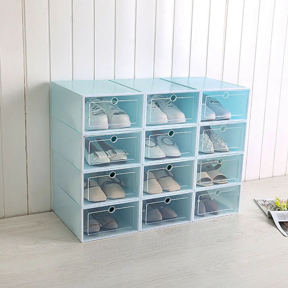 3x пластиковые дамские коробки для хранения обуви, складные прозрачные ящики, прозрачные ящики для одежды, домашние тапки, хранилище, 3 шт - Цвет: Синий