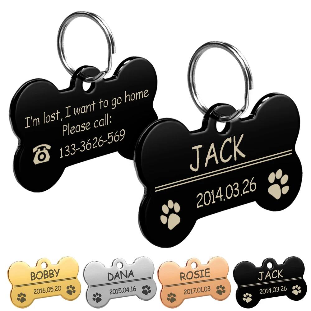 Pet ID Tags Personalized Engraved Dog Cat Puppy Collar Tag Pendant Bone/Paw Glitter