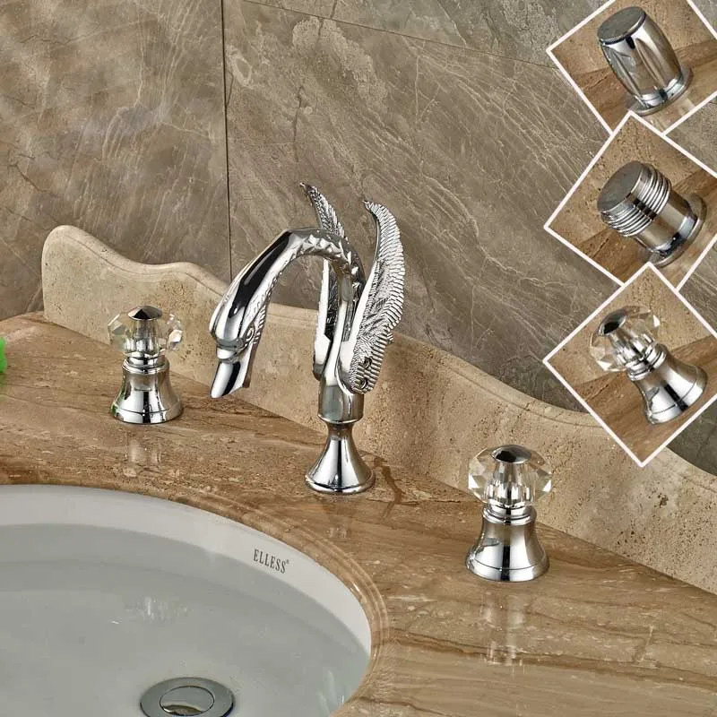 Deck Mounted Swan Sink Faucet Bathroom Widespread Chrome Hot and Cold Mixer Taps 3-style for Choice