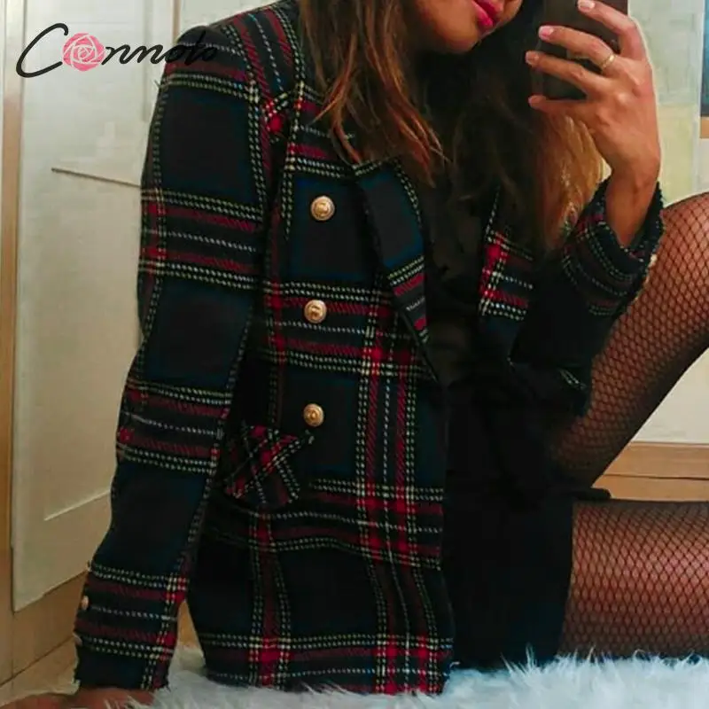 Conmoto Women Fashion Tweed Plaid Blazer 2019 Autumn Winter Female High Street Long Sleeves Jackets Mujer Business Chic Coats