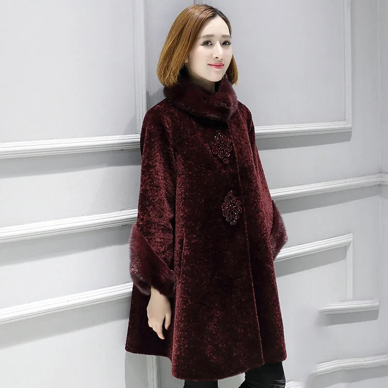 Real mink fur stand collar and cuff fashion beading winter warm real wool coats outerwear women loose fit plus size wool jackets