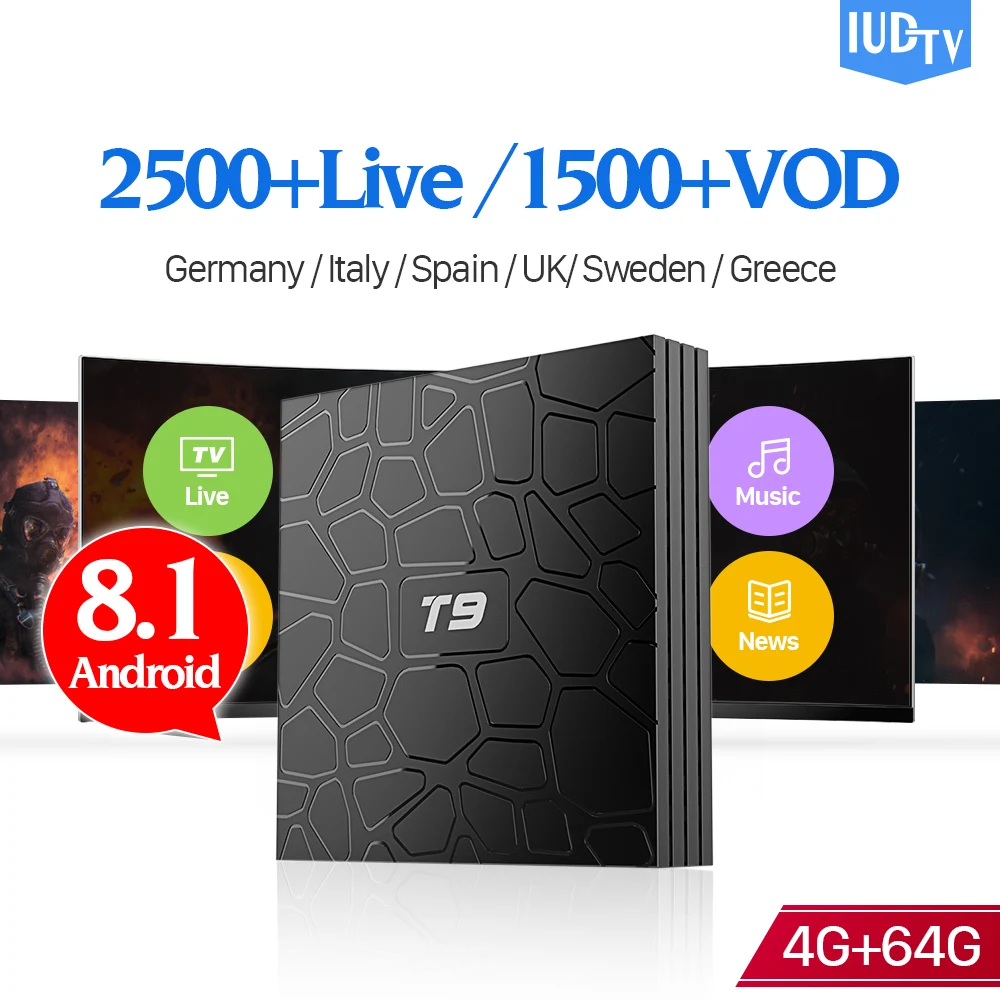 

T9 Android 8.1 IPTV Spain Box 2.4G/5.8G Wifi 4G 64G RK3328 1 Year IUDTV Code IPTV Sweden Spain UK Germany Italia Arabic IP TV
