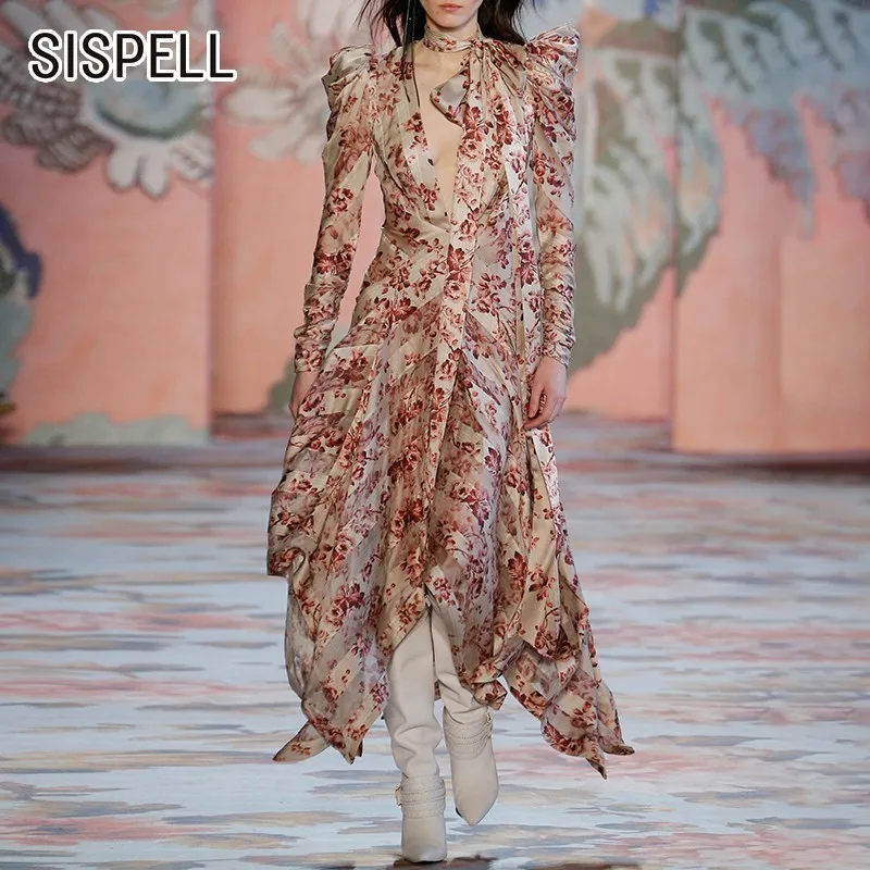 

SISPELL 2019 Summer Korean Hem Asymmetrical Women's Dress V Neck Puff Sleeve Bow Print Ankle-length Female Dresses Fashion New