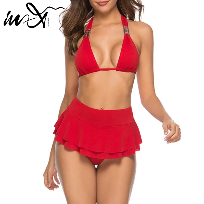 

In-X Sexy swimsuit with skirt Red brazilian bikini 2019 Micro push up swimwear women bathing suit Halter High waist bikini XL