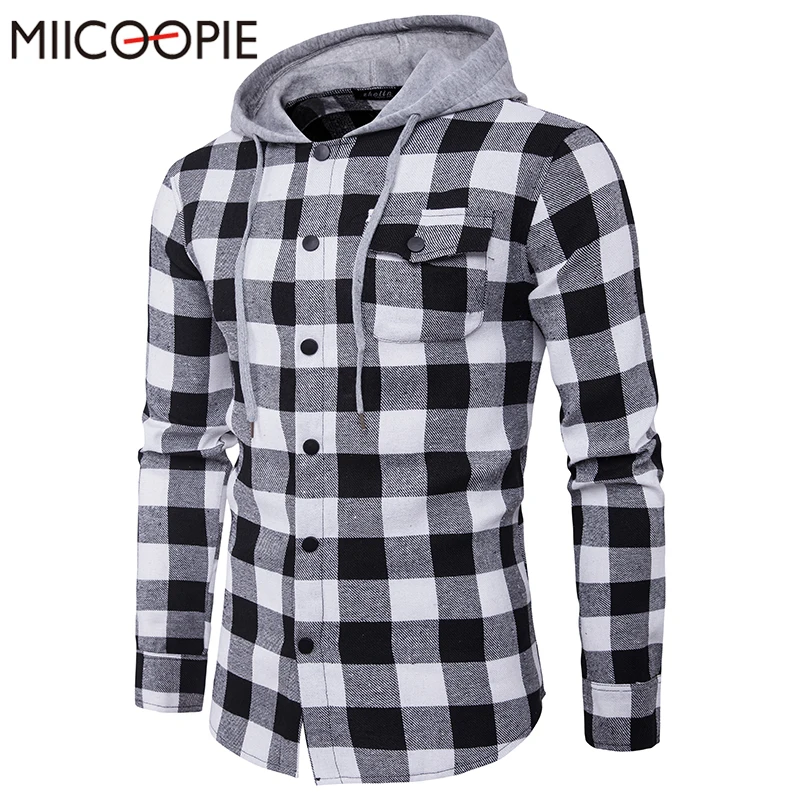 

Men Casual Plaid Shirt Cotton Long Sleeve Men's Hooded Denim Shirt Slim Fit Men Dress Shirts Male Jeans Shirts Camisa Masculina