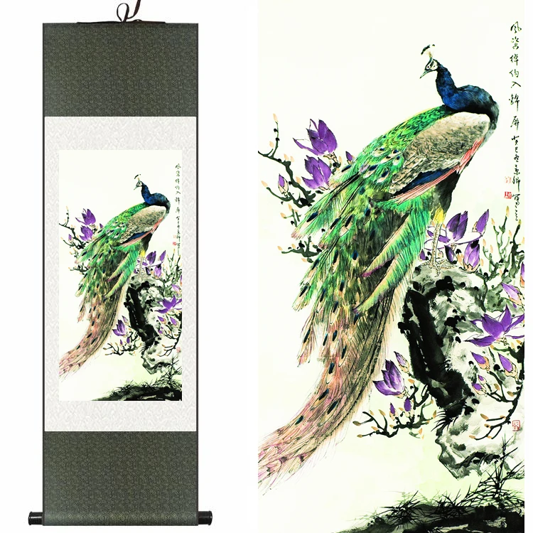 

Chinese Silk watercolor flower bird Peacock phoenix ink art print feng shui canvas wall picture damask framed scroll painting