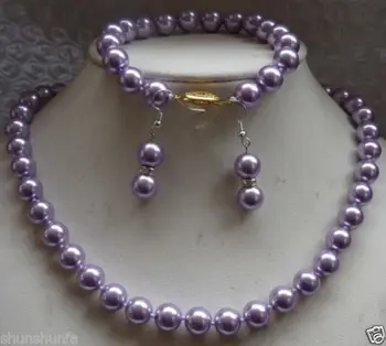 

Free shipping@@@@@ 10MM round lavender south sea shell pearl necklace Bracelet Earring