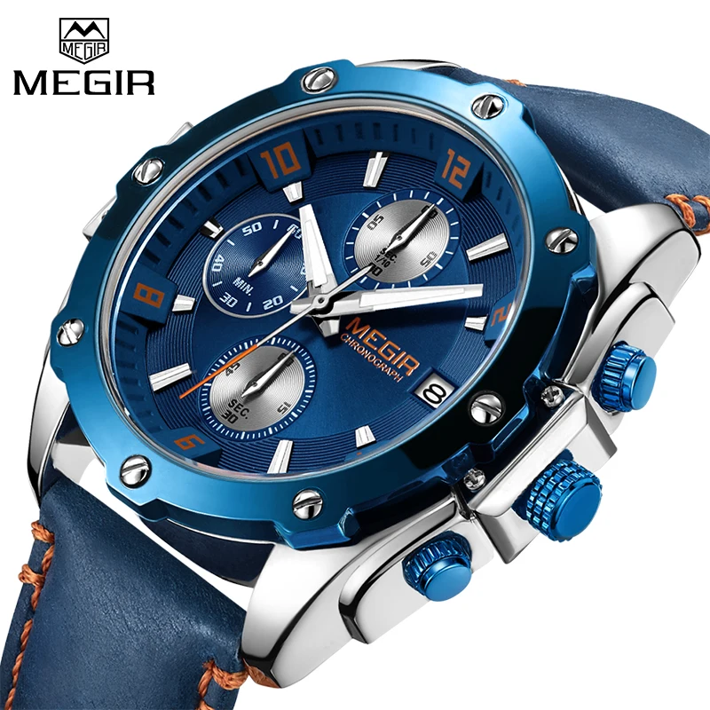 Мужские часы MEGIR спортивные армейские деловые кварцевые с синим кожаным
