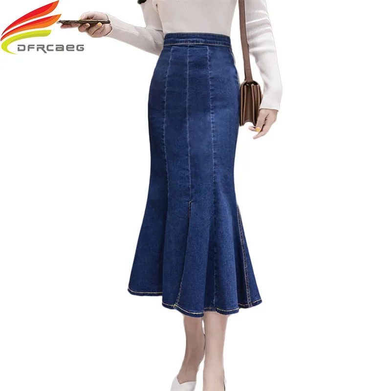 

Spring 2019 Women Denim Mermaid Skirt Package Hip Sexy Long Female Zipper Up Slim Black Blue High Waist Jeans Skirts Women