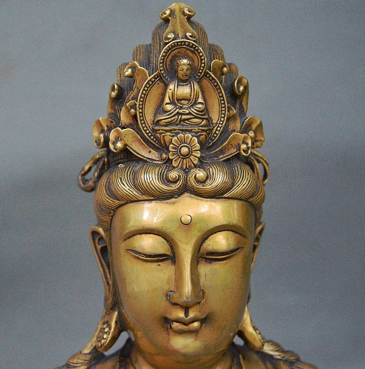 

8" China Buddhism Bronze Guanyin Bodhisattva Kwan-yin Goddess Buddha Head Statue