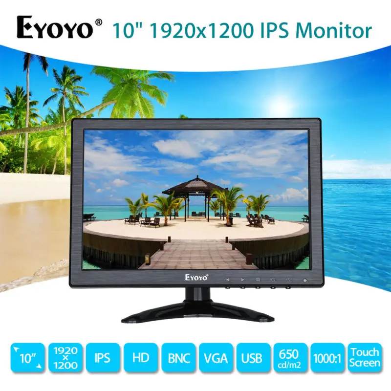 

Eyoyo 10" Full HD 1920*1200 12V Resolution IPS Monitor Video Input 650cd/m2 With BNC VGA AV For CCTV DVD PC Laptop DVR Camera