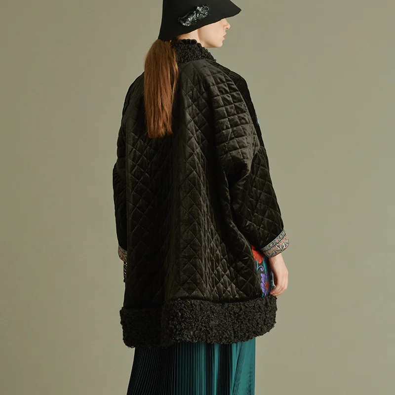 Outline Women Winter Black Casual Cotton Clothes Pockets Embroidery Splice Patch Floral Full Sleeve Plus Design Parkas L184Y002