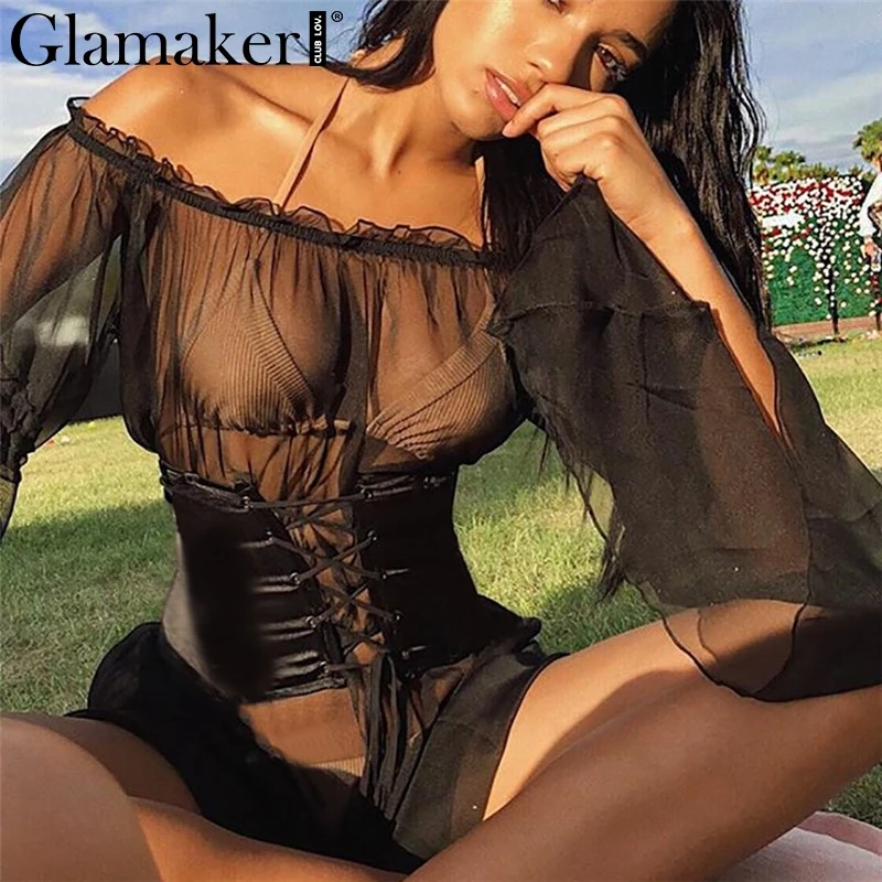 

Glamaker Sexy transparent mesh ruffle mini dress Women off shoulder bandage high waist dress Elegant female party dress vestidos