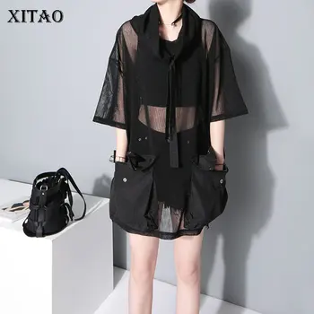 

XITAO Perspective Sheath T Shirt Women Clothes 2019 Hollow Out Turn Down Collar Long Pocket Wild Joker Patchwork Tee WLD2180