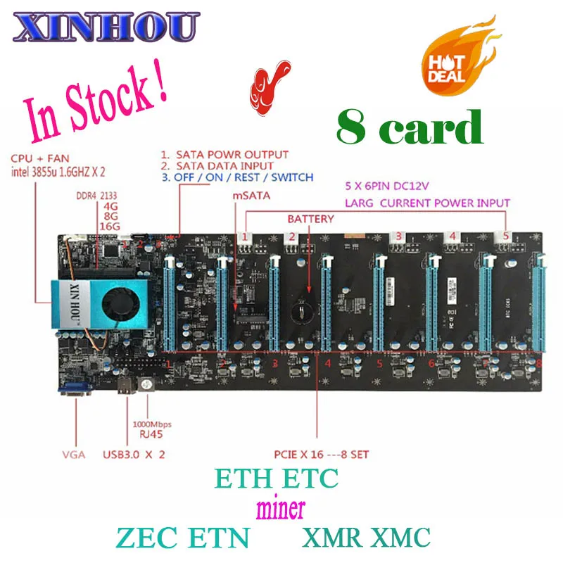 Mining Motherboard BTC IC6S(with cpu) Mining Motherboard 8 Graphics Cards Slots for ETH ETC ZEC ETN XMR XMC RVN MINER