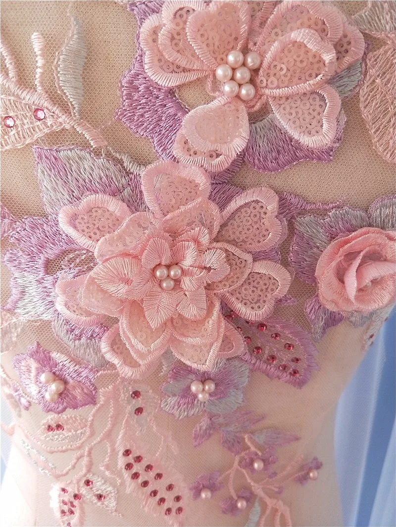 3D lace applique, purple 3D flowers lace, embroidered lace appliques