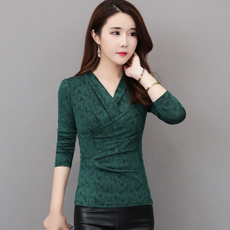  Dingaozlz M-3XL New fashion V neck Women clothing Autumn New jacquard shirt Plus size Lady blouse P