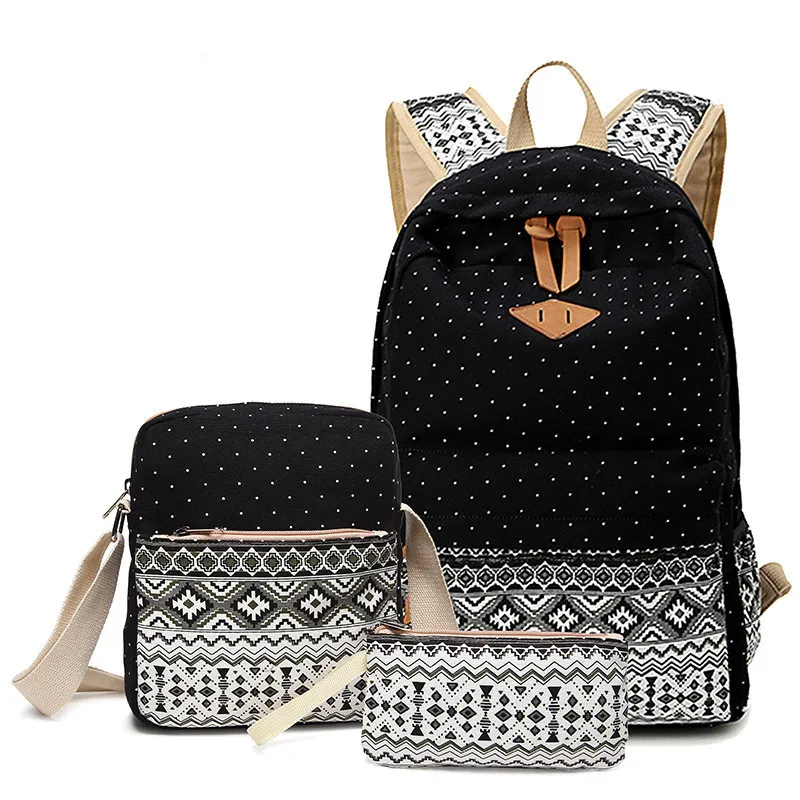 Dot Canvas Printing Backpack Women School Back Bags for Teenage Girls Cute Black Set Travel Backpacks Female Bagpack Rucksack