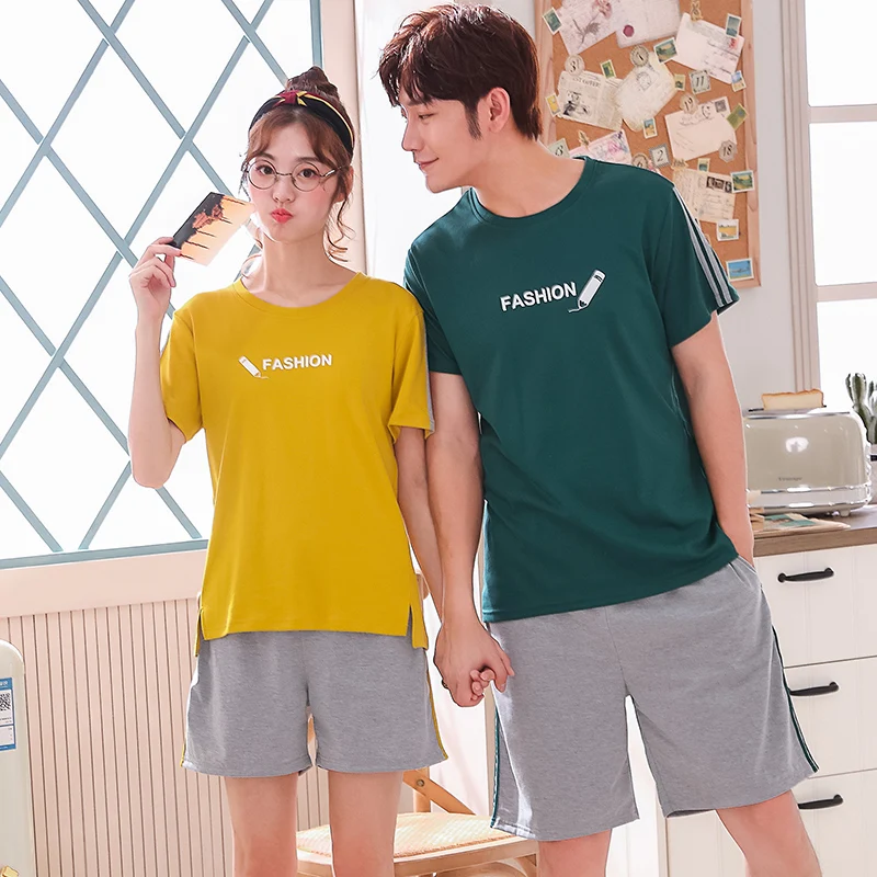 

M/L/XL/2XL/3XL/4XL Couples Women Men Summer Letter pattern Short Sleeve Pullover Pajamas Set Sleepwear Casual Cotton Lounge Wear