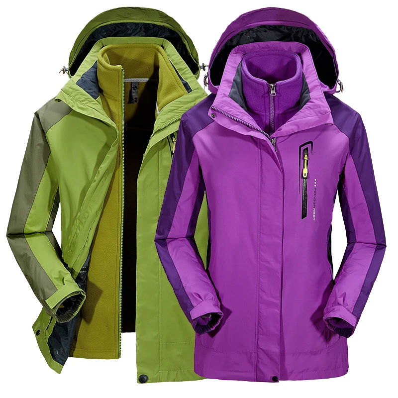 O mais recente roupa ao ar livre à prova de vento quente alpinismo De Esqui  de alta qualidade das mulheres dos homens jacket + forro 2 em 1 camping  roupas|men women jacket|outdoor