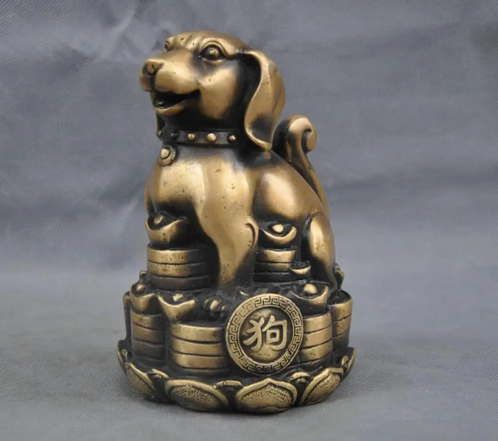 

SS 6'' China Folk Culture Handmade Brass Bronze Statue Zodiac Foo Dog Sculpture NA