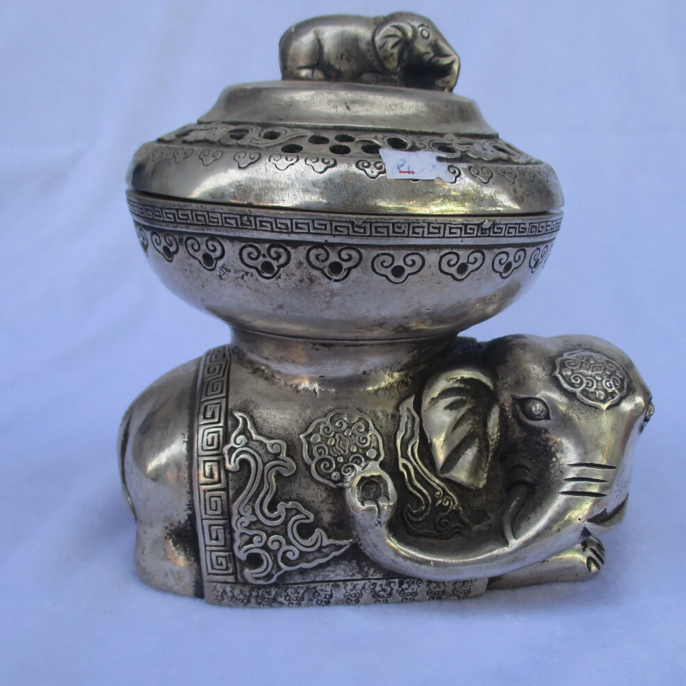 

collectible decorated old antique tibet silver carved lucky elephant incense burner/metal censer Free Shipping 00010
