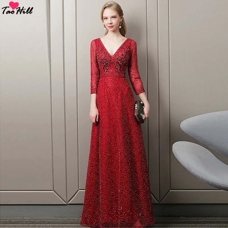 

TaoHill Fashion Prom Dress A-line with Three Quarter Sleeves Red Sequins V-neck Backless Evening Dress Sexy Long