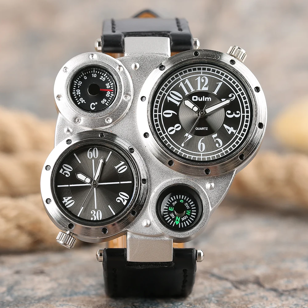 OULM 2017 Military Quartz Watch Men's Deco Compass Stylish Army Leather Strap Sport Modern Double Movement Big Wrist Watches