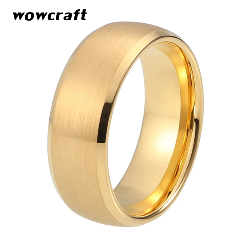 

8mm Tungsten Carbide Ring Gold Dome Brushed Finish Men Women Wedding Band With Beveled Edges