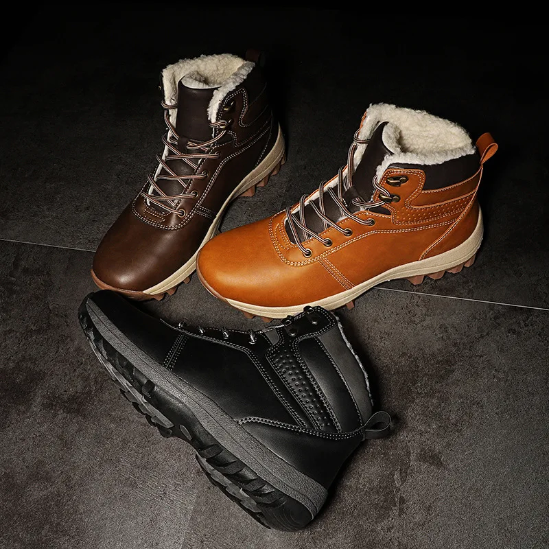 Обувь из натуральной кожи мужские ботинки на меху, зимние теплые ботинки на шнуровке на плоской подошве, большие размеры рабочие ботинки для улицы противоскользящие ботинки