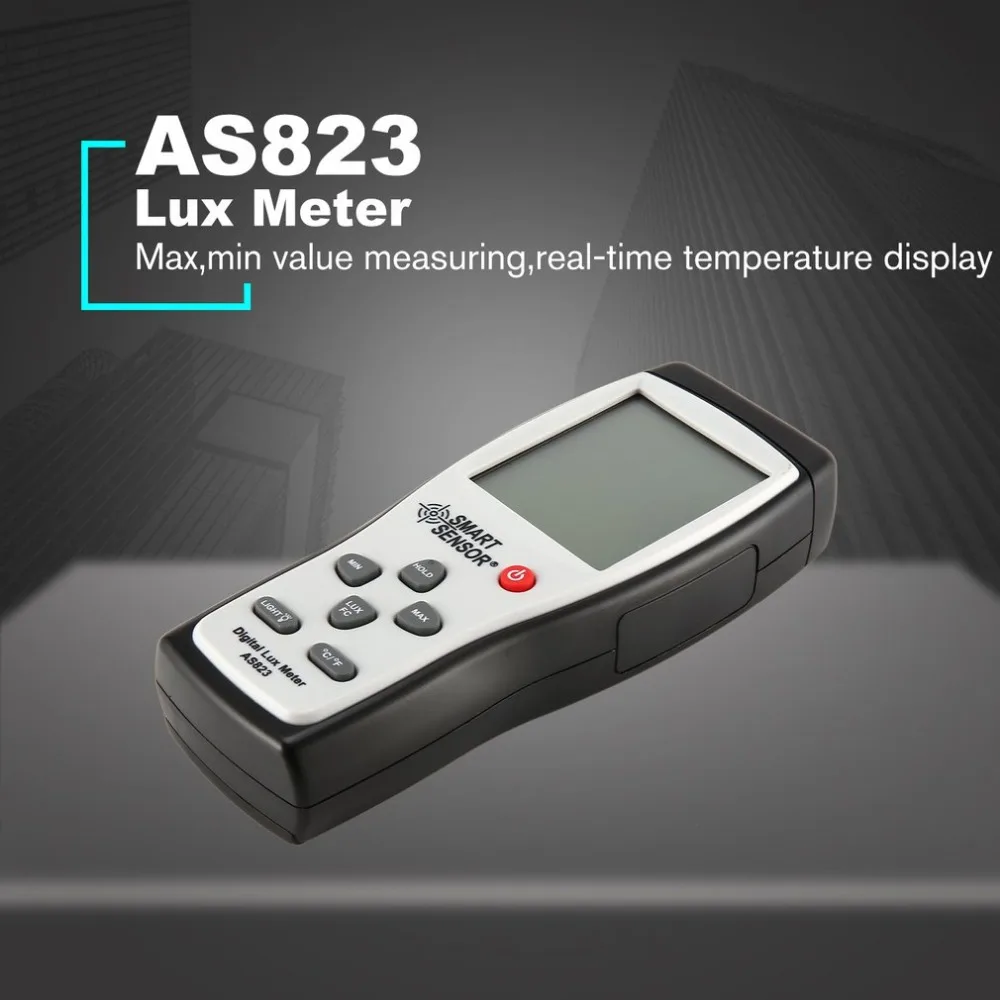 

Smart Sensor AS823 Digital Handheld Light Lux Meter Illuminance 200,000 Lux/FC Luminometer Photometer Lighting Tester Luxmeter