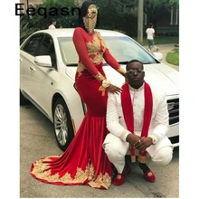 С длинными рукавами и золотым Аппликация Русалка платья для выпускного вечера черный для девочек бархат развертки поезд Вечерние Нарядные платья для вечеринок пикантные