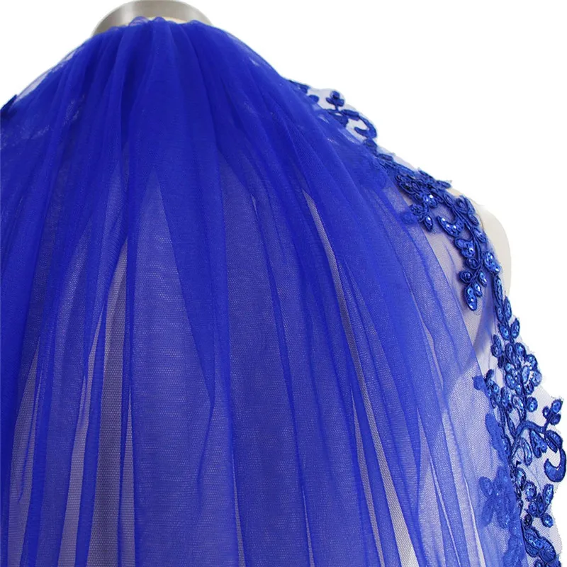 Настоящая фотография, голубая кружевная короткая свадебная вуаль с блестками, великолепная Однослойная Фата невесты с гребнем Velos de Novia